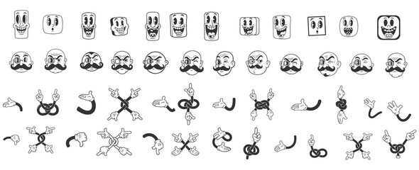 Fototapeta premium Cartoon Character Face and Hand Collection, Vintage Style Emotes and Gestures.