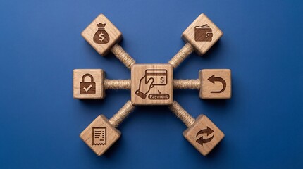 Wooden blocks illustrating secure digital payment workflow with online transactions, refunds, wallet security and financial processing concept.