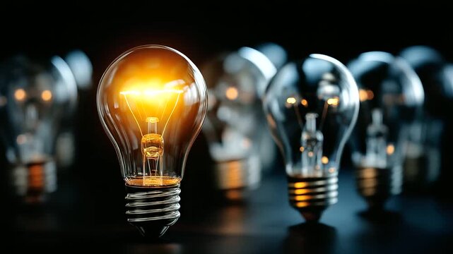 Distinctive glowing bulb symbolizing creativity and difference among standard bulbs, unique ideas concept, innovation visualization, inspirational metaphor, with copy space