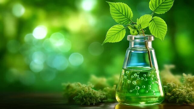 Eco-friendly aviation green biofuel innovation with fresh leaves on green background, sustainable aerospace fuel, natural renewable source, environmental conservation, botanical en