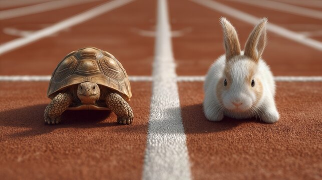 Startup strategy concept with turtle and rabbit aligned in one running lane symbolizing vision and pace