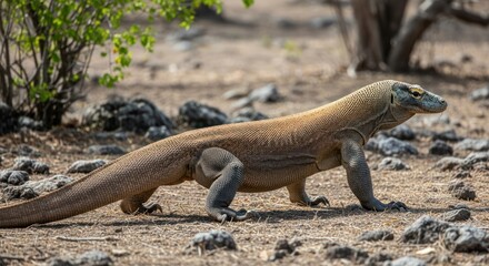 Komodo Dragon Walking in Natural Habitat.