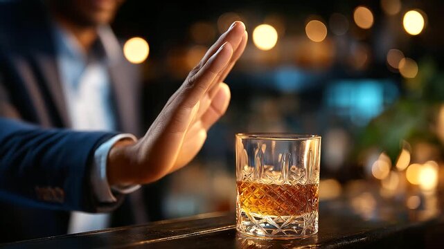 Faceless hand pushing away whiskey glass tumbler at bar refusing alcoholic drink, abstinence decision, sober lifestyle choice, dim lighting, with copy space