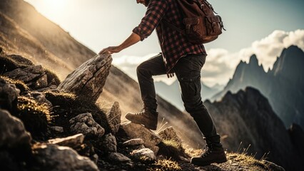 Hiker climbing mountain with backpack outdoors.