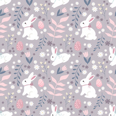 Obraz premium Seamless Easter bunny pattern with spring flowers and eggs. Soft pastel colors