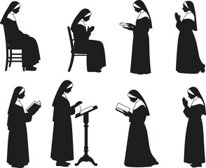 Nun silhouette collection, praying reading poses, religious devotion concept, catholic sister vector illustration set isolated white background black minimalist design