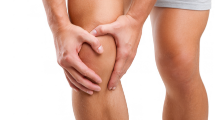 Close up of an athlete massaging his sore leg muscle after a workout, isolated on a transparent background, highlighting the importance of muscle recovery and injury prevention