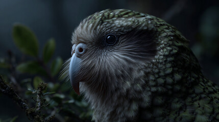 Kakapo in a nocturnal forest setting with glowing eyes.
