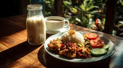 A delicious breakfast display on a wooden table.
