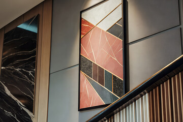 Modern interior with geometric abstract art and marble textures—blending bold design with architectural elegance and visual contrast. generative ai