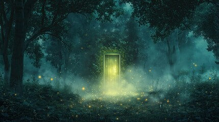 Fototapeta premium Enchanted glowing portal appears in a mysterious dark forest during a foggy
