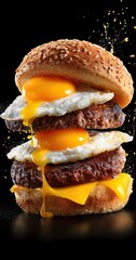 Delicious Breakfast Burger Stacked with Eggs