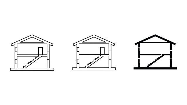 Architectural cross-section of a two-story house with internal staircase line icons set