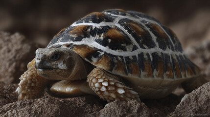 Indian star tortoise crawling over arid rocky terrain.
