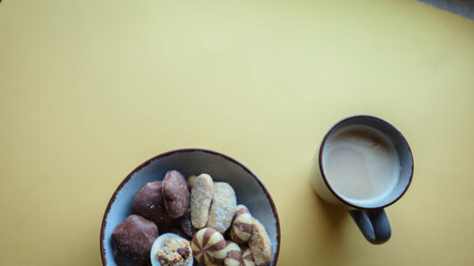 Flat lay background, workplace with coffee cup and documents, flat lay, coffee break