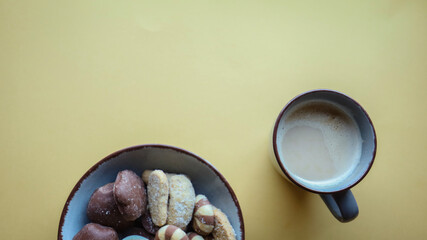 Flat lay background, workplace with coffee cup and documents, flat lay, coffee break