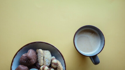 Flat lay background, workplace with coffee cup and documents, flat lay, coffee break