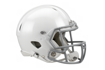 White american football helmet protecting players during games, featuring a face mask and chin strap, isolated with transparent background
