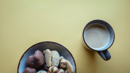 Flat lay background, workplace with coffee cup and documents, flat lay, coffee break