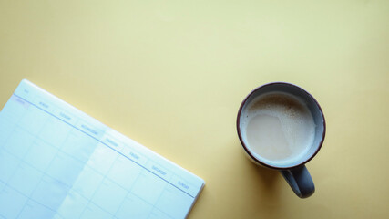 Flat lay background, workplace with coffee cup and documents, flat lay, coffee break