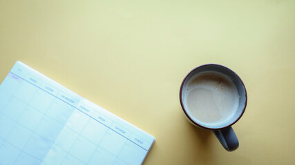 Flat lay background, workplace with coffee cup and documents, flat lay, coffee break