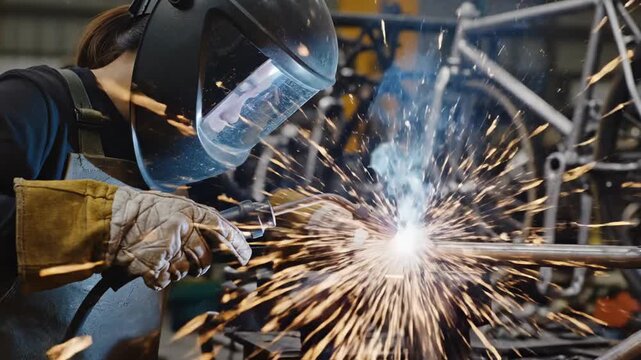 Woman welder in protective helmet and gloves welding metal part, sparks flying at her workplace. Industrial metal fabrication process in workshop.