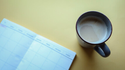Flat lay background, workplace with coffee cup and documents, flat lay, coffee break
