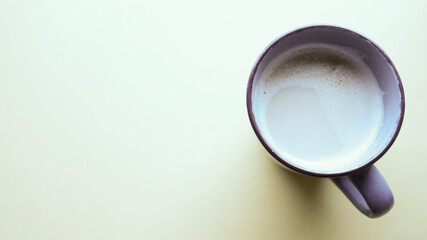 Flat lay background, workplace with coffee cup and documents, flat lay, coffee break