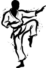 Karate Kata Pose Ink Brush Silhouette. Artistic Japanese Vector.