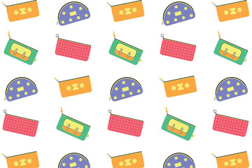 Seamless pattern with pencil cases. School pencil cases of different colors on a white background. Vector illustration.