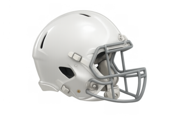 American football helmet in white with a grey facemask, designed for head protection during play, isolated with a transparent background