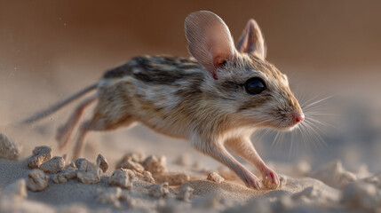 Obraz premium Pygmy three-toed jerboa hopping through desert