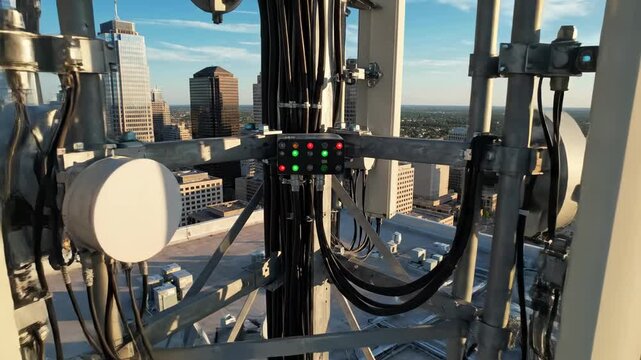 A cellular transmission tower on a rooftop providing wireless communication infrastructure for a modern city skyline at sunset