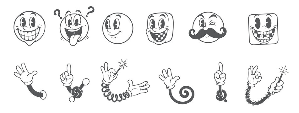 Vintage Toon Smile and Gesture Pack, Happy Character Head with Pointing and Waving Hands.