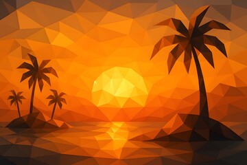 Sunset Tropical Beach Silhouette Ocean View with Warm Orange Sky Scene