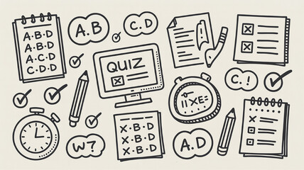 Hand-drawn quiz and test icons representing education assessment and time management perfect for learning apps and websites