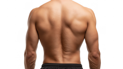 Strong muscular bodybuilder displaying impressive back muscles against a transparent background, creating an ideal cutout image for various image manipulation projects