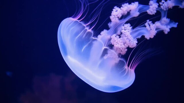 A jellyfish with a translucent bell and pink tentacles floats in dark water.