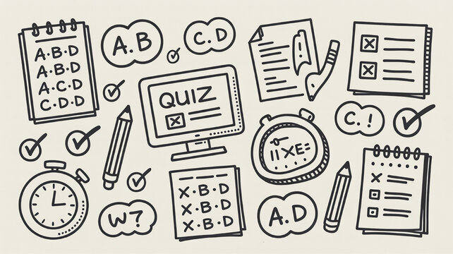 Hand-drawn quiz and test icons representing education assessment and time management perfect for learning apps and websites