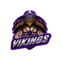 Obraz premium Vikings mascot logo design bearded warrior in horned helmet design sport or e-sport team gaming emblem badge illustration concept editable vector, multiple backgrounds.