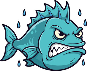 Angry cartoon fish illustration, aggressive sea creature character, fierce aquatic mascot design, fantasy vector art, isolated white background, graphic icon