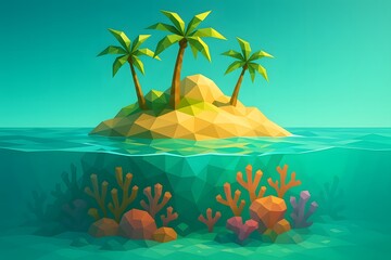 Tropical Island Coral Reef Ocean Landscape with Clear Blue Water and Palm Trees
