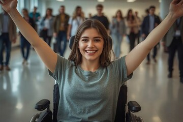 joyful young woman in a wheelchair celebrating success with arms raised in an inclusive workplace