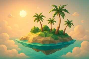 Tropical Island Sunset Ocean Landscape Scene with Warm Light and Calm Horizon