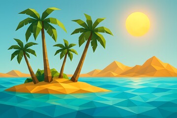 Tropical Island Mountain Ocean Sunset Scene with Warm Golden Sky and Calm Water