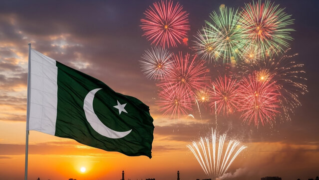 Pakistan Independence Day Celebration with Fireworks and National Flag at Sunset - Powered by Adobe