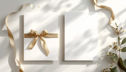 Elegant Gift and Blank Card: A beautifully wrapped gift and a blank card, adorned with a luxurious golden ribbon and delicate floral accents, lie side by side on a surface.