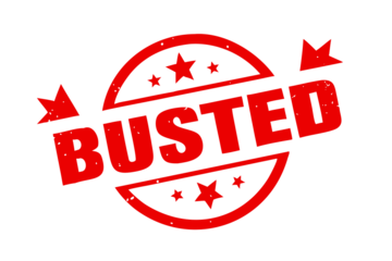 A bold red grungy rubber stamp with the word BUSTED centered on a dark black surface