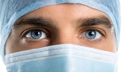 Close up of focused blue eyes of a female surgeon wearing a surgical mask and cap, embodying professionalism and dedication to patient care against a transparent background