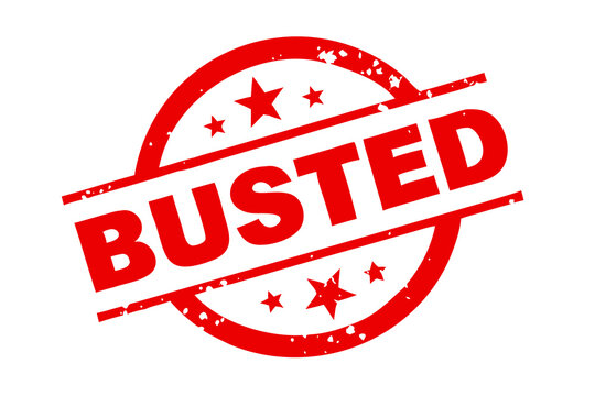 Circular red distressed rubber stamp clearly displaying the word BUSTED with stars on black
